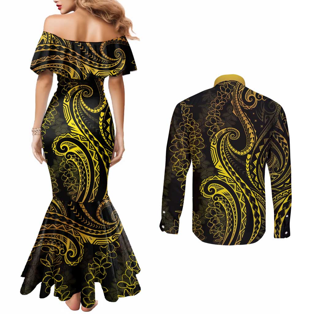 Polynesia Plumeria Lei Couples Matching Mermaid Dress and Long Sleeve Button Shirt Black Gold Curves Motif LT7 - Polynesian Pride