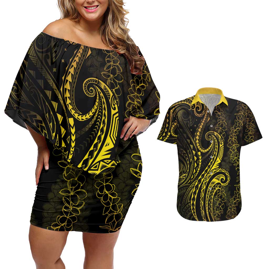 Polynesia Plumeria Lei Couples Matching Off Shoulder Short Dress and Hawaiian Shirt Black Gold Curves Motif LT7 Gold - Polynesian Pride