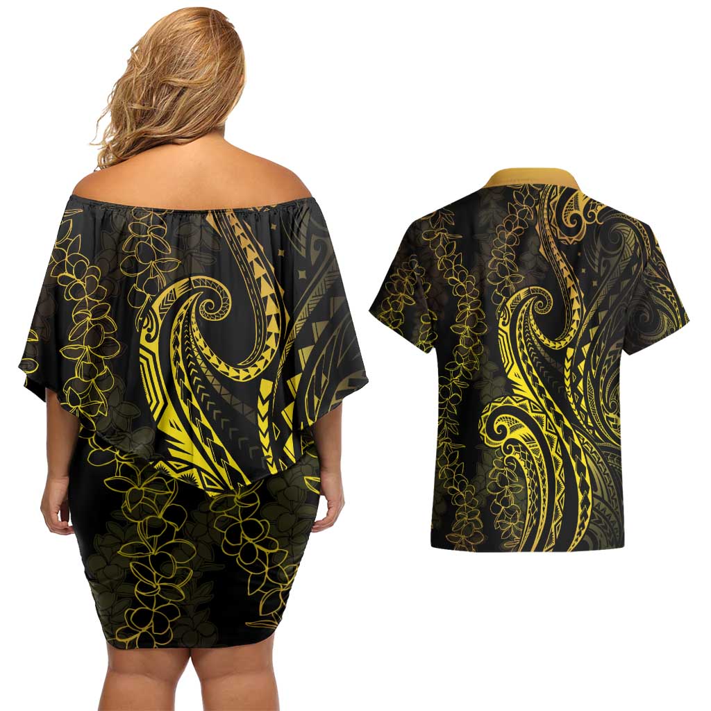 Polynesia Plumeria Lei Couples Matching Off Shoulder Short Dress and Hawaiian Shirt Black Gold Curves Motif LT7 - Polynesian Pride