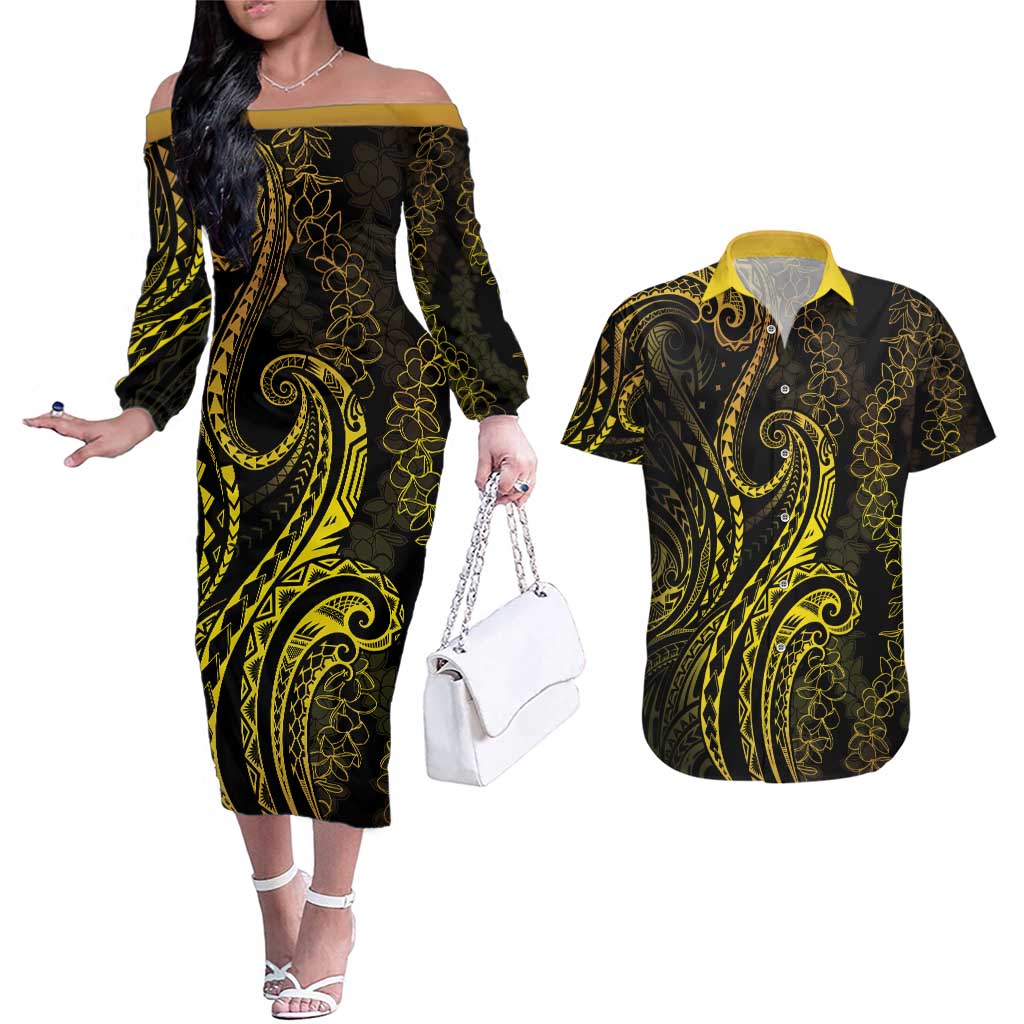Polynesia Plumeria Lei Couples Matching Off The Shoulder Long Sleeve Dress and Hawaiian Shirt Black Gold Curves Motif LT7 Gold - Polynesian Pride