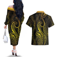 Polynesia Plumeria Lei Couples Matching Off The Shoulder Long Sleeve Dress and Hawaiian Shirt Black Gold Curves Motif LT7 - Polynesian Pride