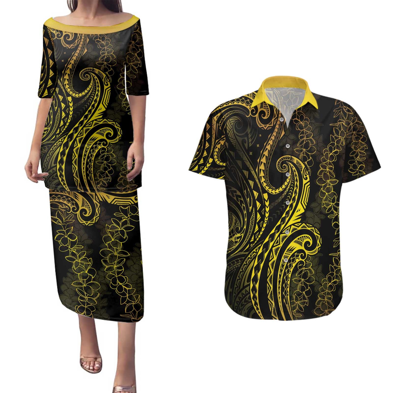 Polynesia Plumeria Lei Couples Matching Puletasi and Hawaiian Shirt Black Gold Curves Motif