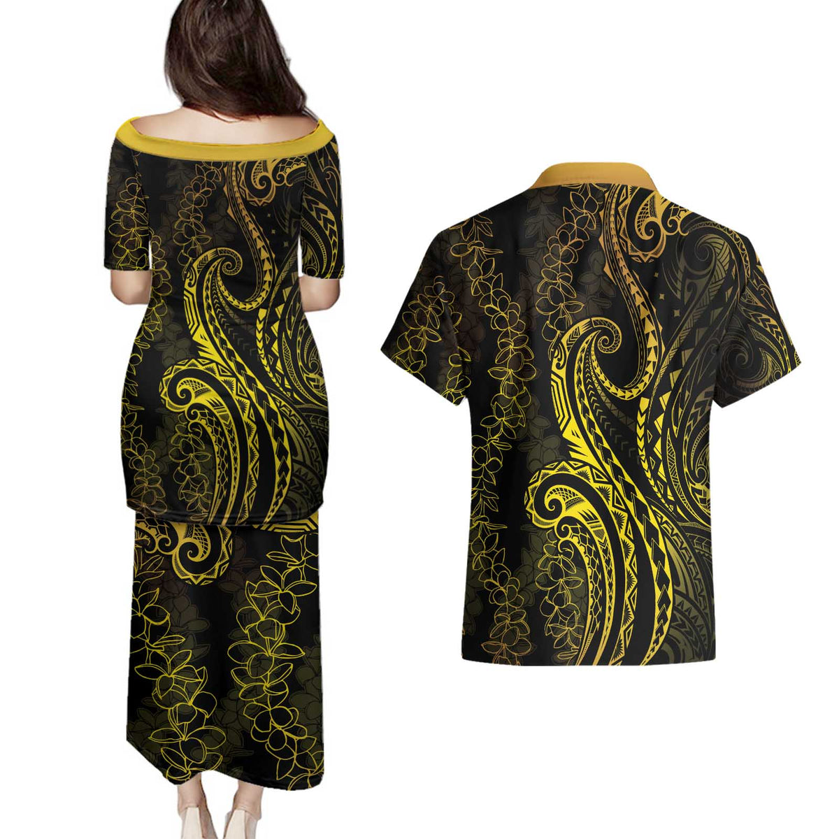 Polynesia Plumeria Lei Couples Matching Puletasi and Hawaiian Shirt Black Gold Curves Motif