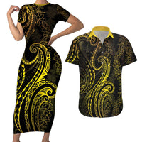 Polynesia Plumeria Lei Couples Matching Short Sleeve Bodycon Dress and Hawaiian Shirt Black Gold Curves Motif LT7 Gold - Polynesian Pride