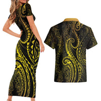 Polynesia Plumeria Lei Couples Matching Short Sleeve Bodycon Dress and Hawaiian Shirt Black Gold Curves Motif LT7 - Polynesian Pride