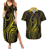 Polynesia Plumeria Lei Couples Matching Summer Maxi Dress and Hawaiian Shirt Black Gold Curves Motif LT7 Gold - Polynesian Pride