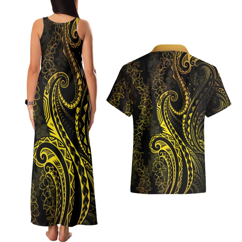 Polynesia Plumeria Lei Couples Matching Tank Maxi Dress and Hawaiian Shirt Black Gold Curves Motif LT7 - Polynesian Pride