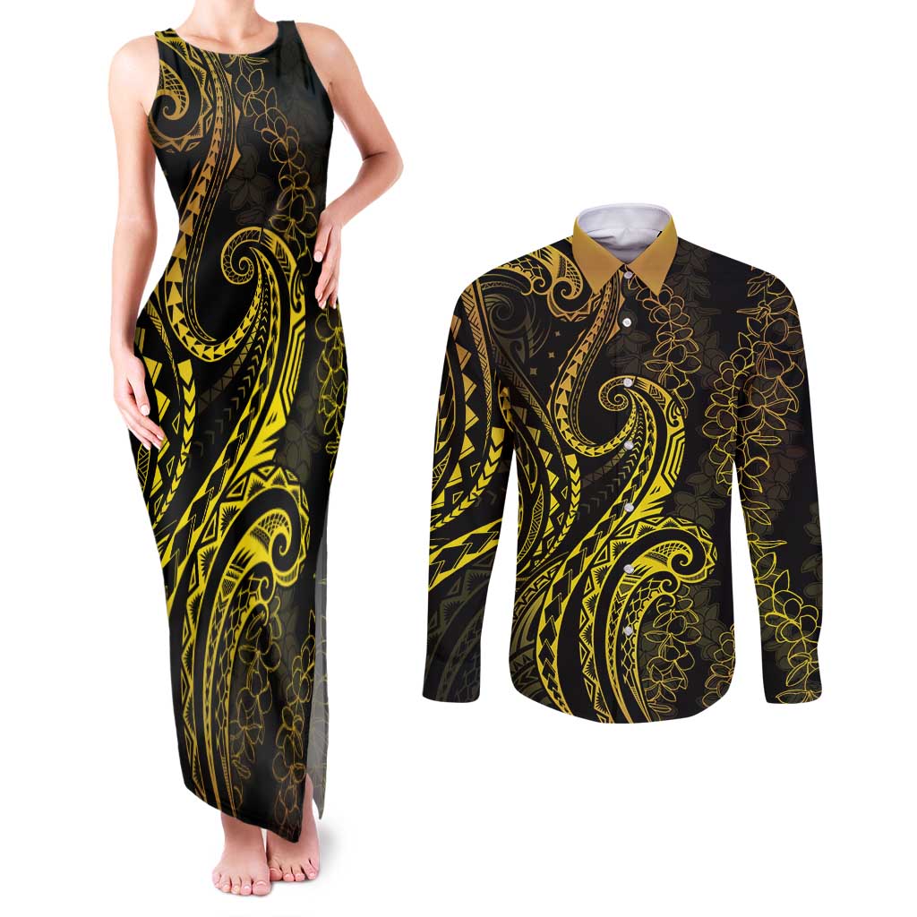 Polynesia Plumeria Lei Couples Matching Tank Maxi Dress and Long Sleeve Button Shirt Black Gold Curves Motif