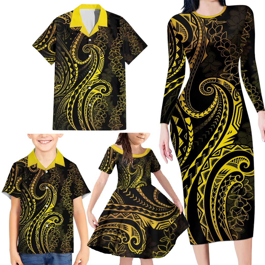 Polynesia Plumeria Lei Family Matching Long Sleeve Bodycon Dress and Hawaiian Shirt Black Gold Curves Motif LT7 - Polynesian Pride