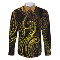 Polynesia Plumeria Lei Family Matching Long Sleeve Bodycon Dress and Hawaiian Shirt Black Gold Curves Motif LT7 Dad's Shirt - Long Sleeve Gold - Polynesian Pride