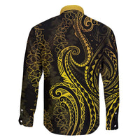 Polynesia Plumeria Lei Family Matching Long Sleeve Bodycon Dress and Hawaiian Shirt Black Gold Curves Motif LT7 - Polynesian Pride