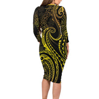 Polynesia Plumeria Lei Family Matching Long Sleeve Bodycon Dress and Hawaiian Shirt Black Gold Curves Motif LT7 - Polynesian Pride