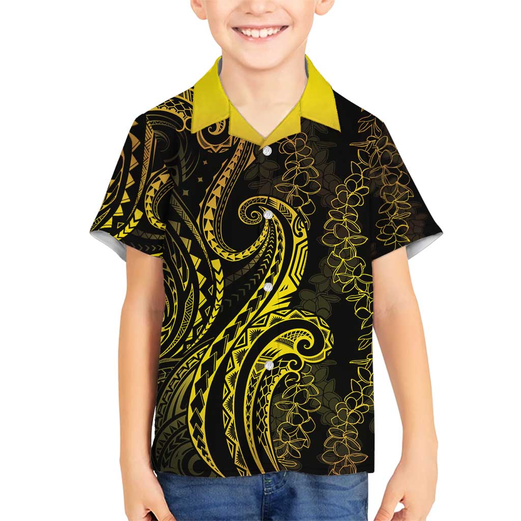 Polynesia Plumeria Lei Family Matching Long Sleeve Bodycon Dress and Hawaiian Shirt Black Gold Curves Motif LT7 Son's Shirt Gold - Polynesian Pride