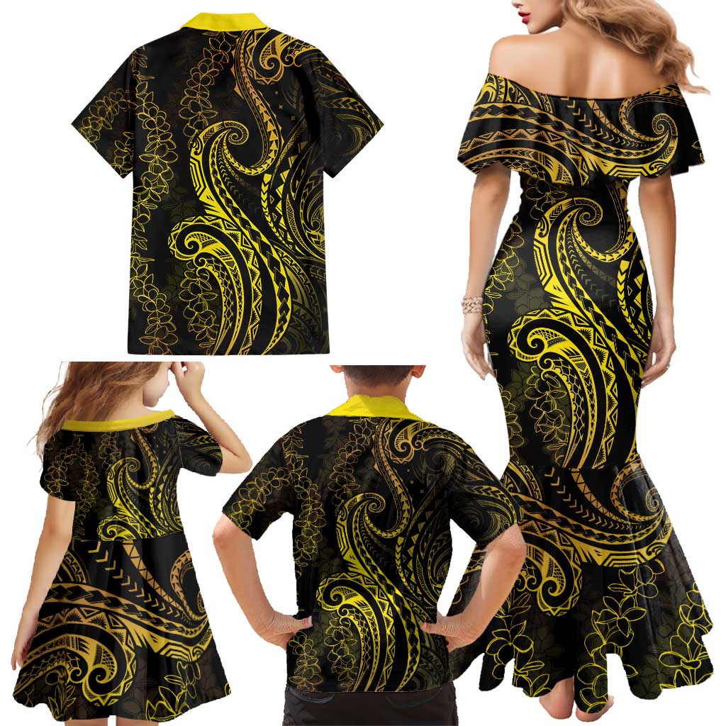 Polynesia Plumeria Lei Family Matching Mermaid Dress and Hawaiian Shirt Black Gold Curves Motif LT7 - Polynesian Pride