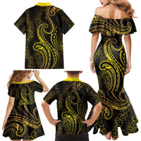 Polynesia Plumeria Lei Family Matching Mermaid Dress and Hawaiian Shirt Black Gold Curves Motif LT7 - Polynesian Pride