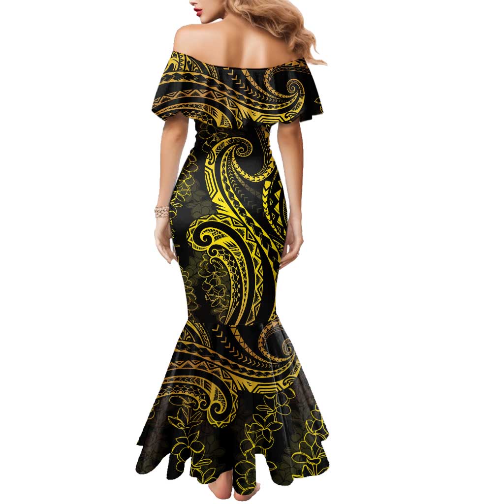 Polynesia Plumeria Lei Family Matching Mermaid Dress and Hawaiian Shirt Black Gold Curves Motif LT7 - Polynesian Pride