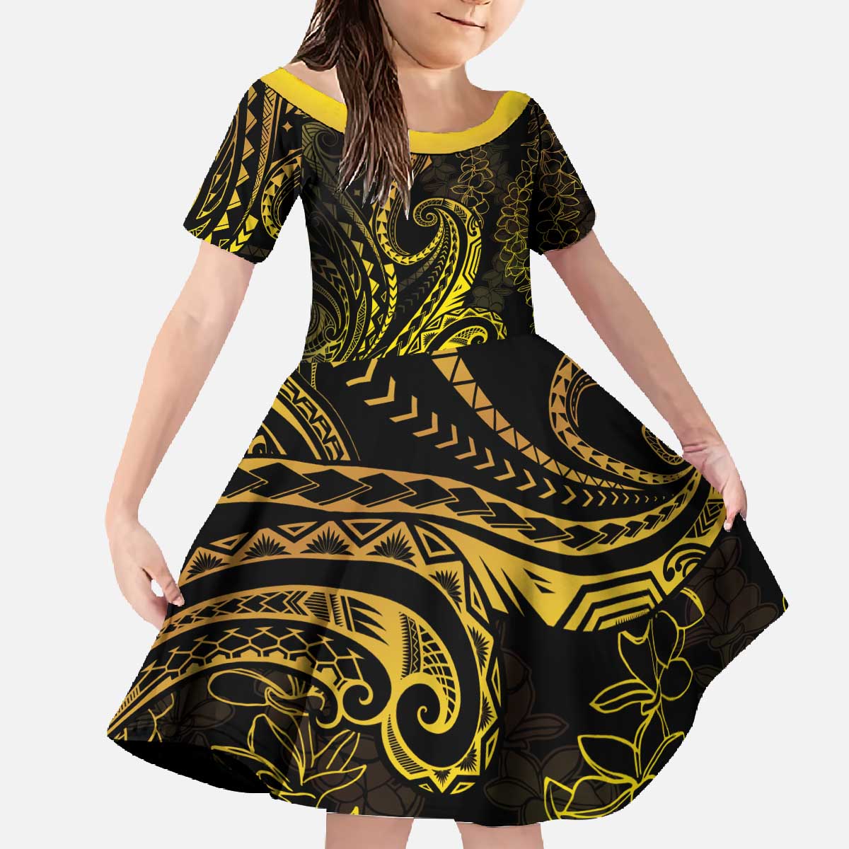 Polynesia Plumeria Lei Family Matching Off The Shoulder Long Sleeve Dress and Hawaiian Shirt Black Gold Curves Motif LT7 Daughter's Dress Gold - Polynesian Pride