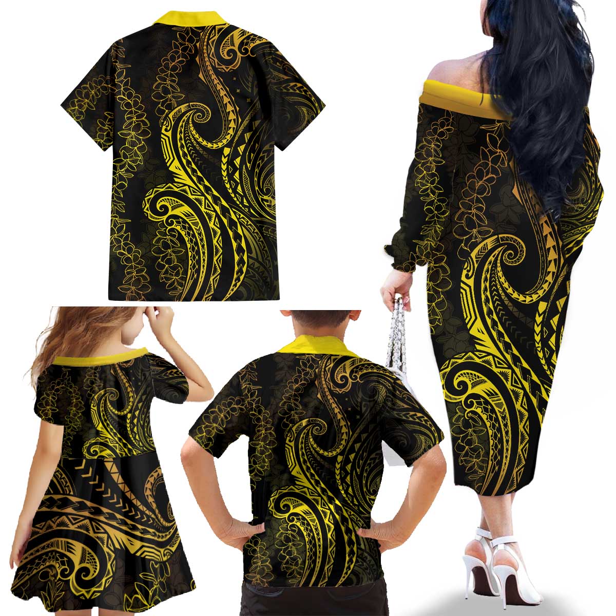 Polynesia Plumeria Lei Family Matching Off The Shoulder Long Sleeve Dress and Hawaiian Shirt Black Gold Curves Motif LT7 - Polynesian Pride