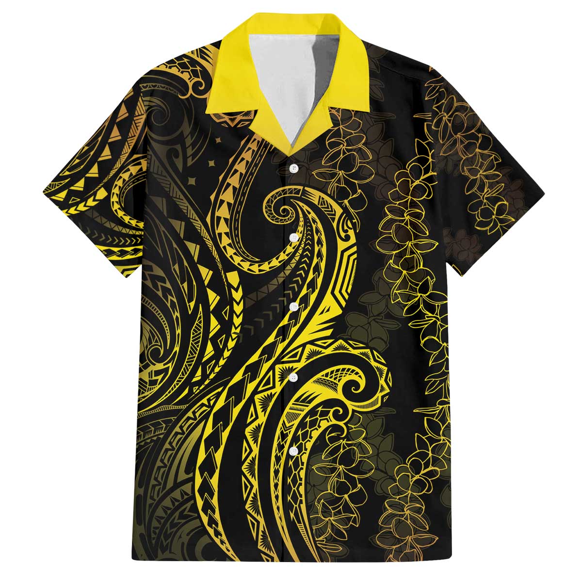 Polynesia Plumeria Lei Family Matching Off The Shoulder Long Sleeve Dress and Hawaiian Shirt Black Gold Curves Motif LT7 Dad's Shirt - Short Sleeve Gold - Polynesian Pride