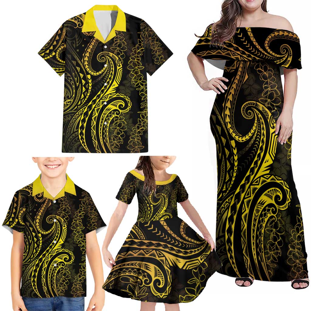 Polynesia Plumeria Lei Family Matching Off Shoulder Maxi Dress and Hawaiian Shirt Black Gold Curves Motif LT7 - Polynesian Pride