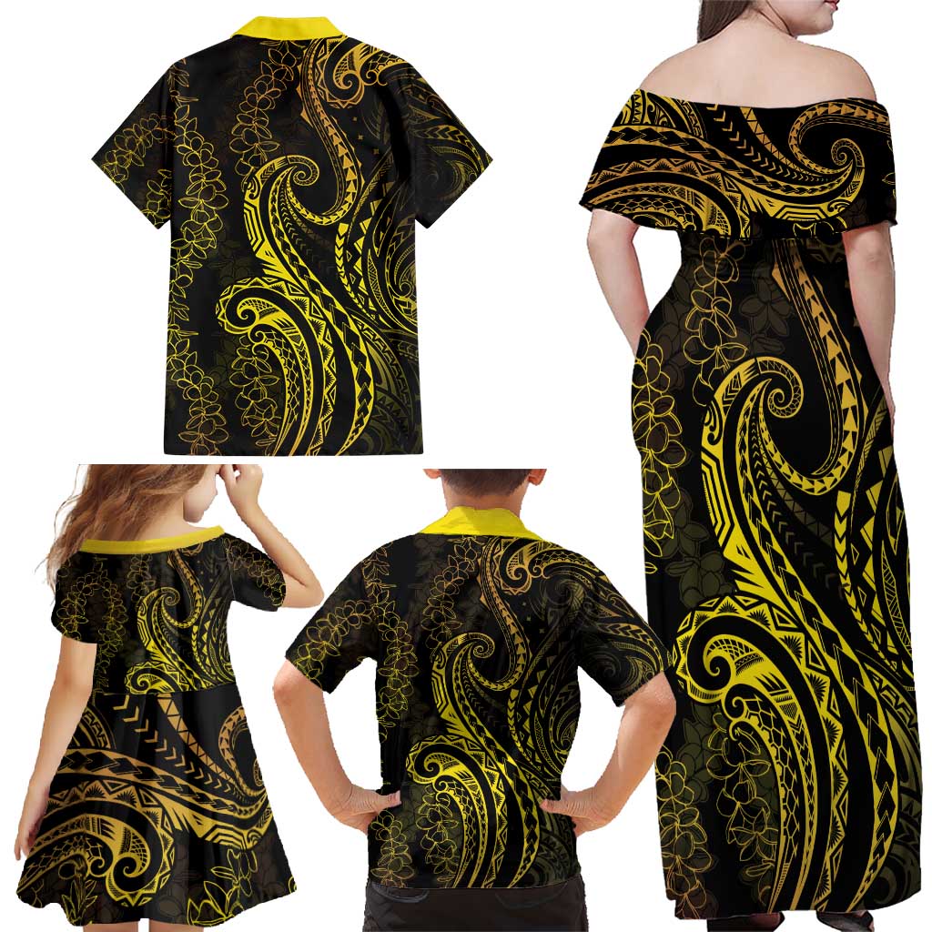 Polynesia Plumeria Lei Family Matching Off Shoulder Maxi Dress and Hawaiian Shirt Black Gold Curves Motif LT7 - Polynesian Pride