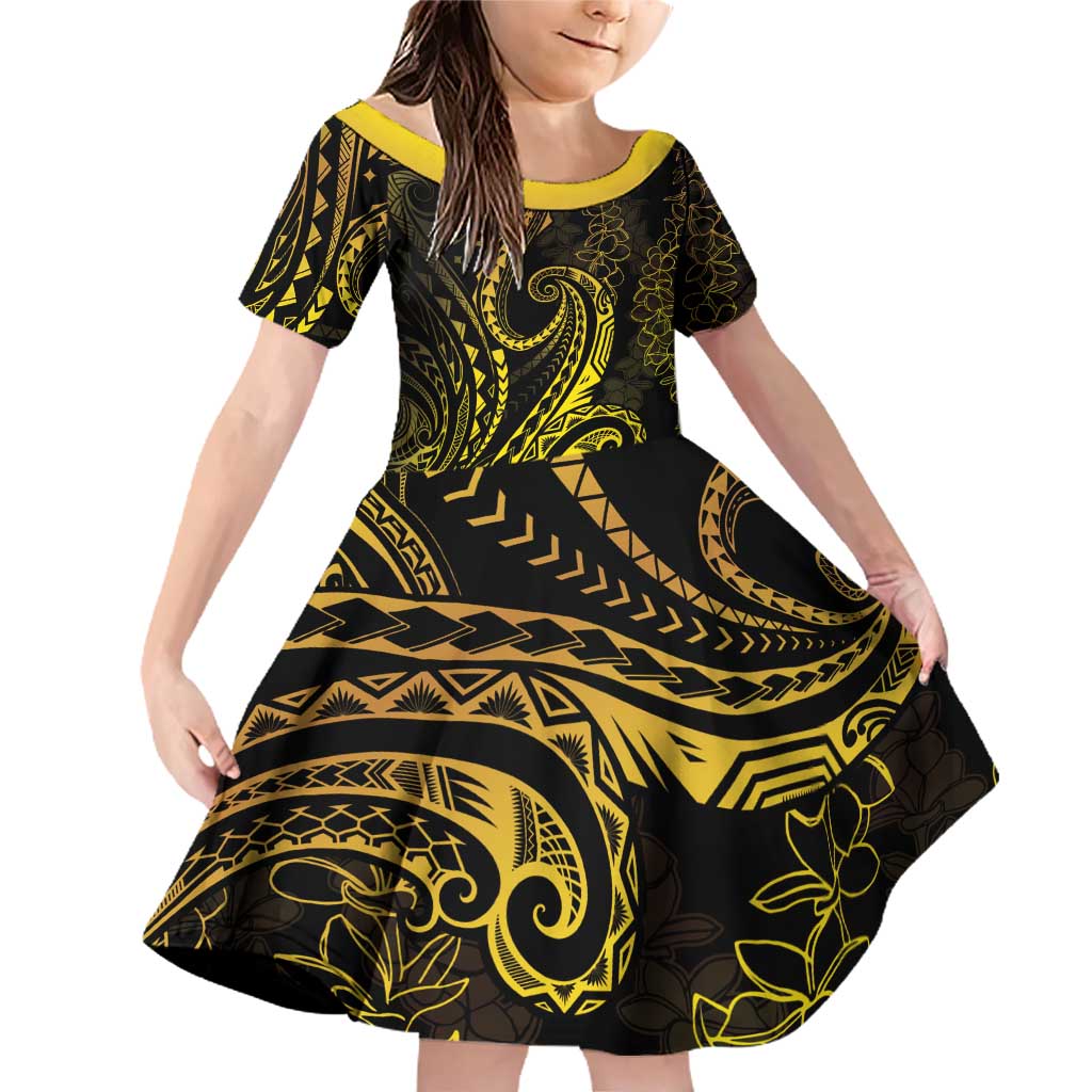 Polynesia Plumeria Lei Family Matching Off Shoulder Short Dress and Hawaiian Shirt Black Gold Curves Motif LT7 Daughter's Dress Gold - Polynesian Pride