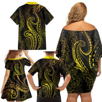Polynesia Plumeria Lei Family Matching Off Shoulder Short Dress and Hawaiian Shirt Black Gold Curves Motif LT7 - Polynesian Pride