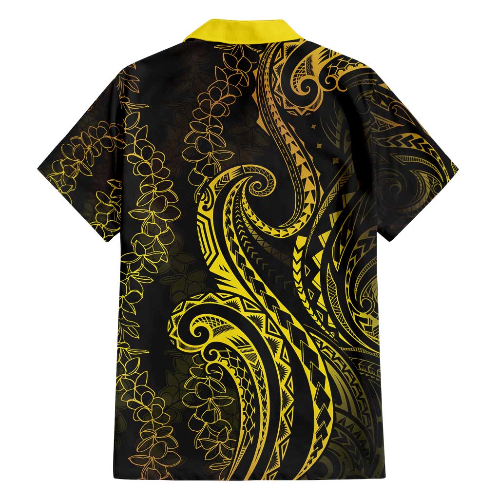 Polynesia Plumeria Lei Family Matching Off Shoulder Short Dress and Hawaiian Shirt Black Gold Curves Motif LT7 - Polynesian Pride