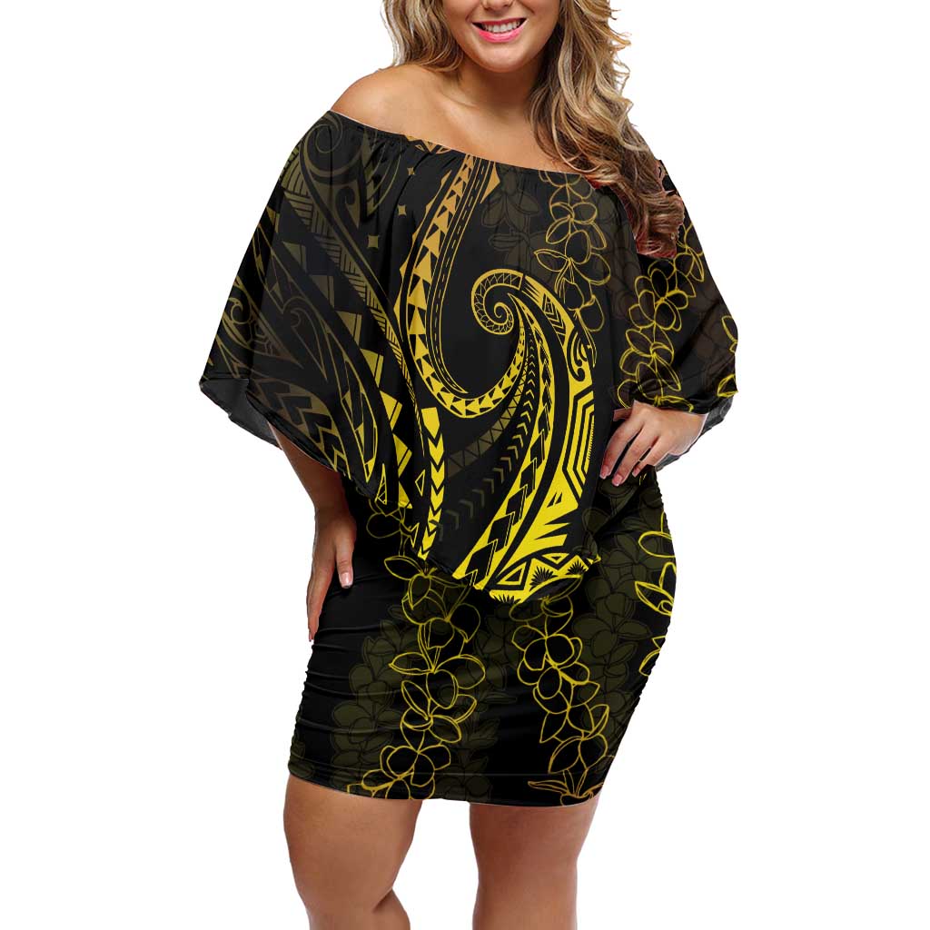 Polynesia Plumeria Lei Family Matching Off Shoulder Short Dress and Hawaiian Shirt Black Gold Curves Motif LT7 Mom's Dress Gold - Polynesian Pride