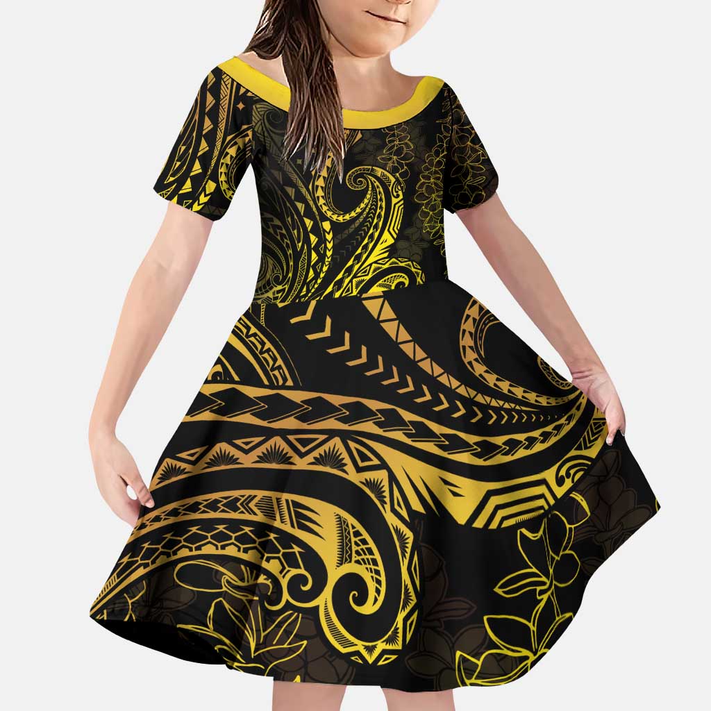 Polynesia Plumeria Lei Family Matching Puletasi and Hawaiian Shirt Black Gold Curves Motif LT7 Daughter's Dress Gold - Polynesian Pride