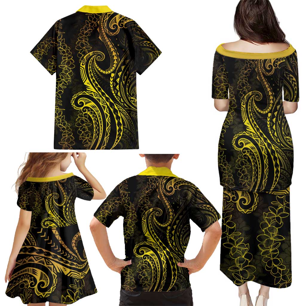 Polynesia Plumeria Lei Family Matching Puletasi and Hawaiian Shirt Black Gold Curves Motif LT7 - Polynesian Pride