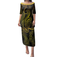 Polynesia Plumeria Lei Family Matching Puletasi and Hawaiian Shirt Black Gold Curves Motif LT7 Mom's Dress Gold - Polynesian Pride