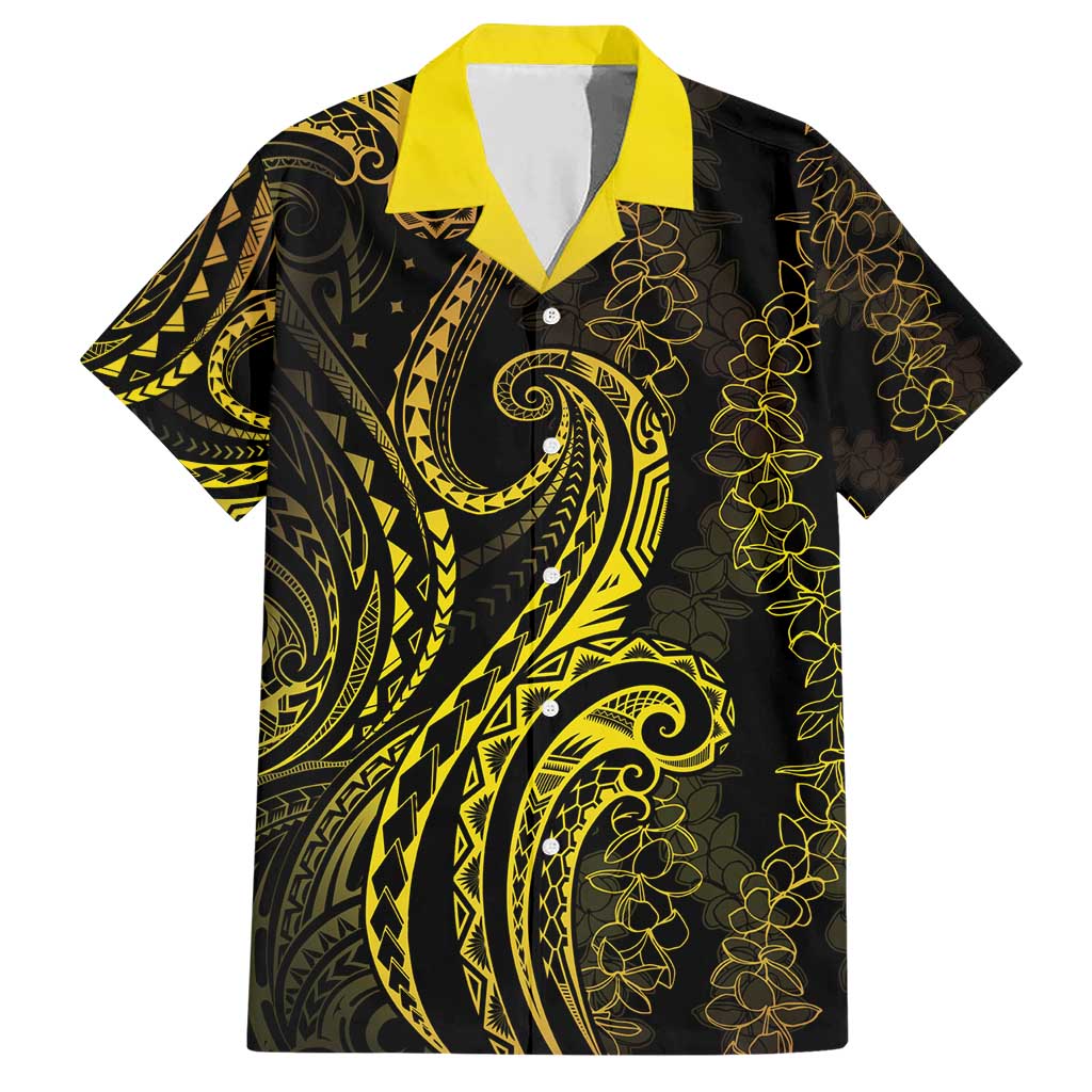 Polynesia Plumeria Lei Family Matching Short Sleeve Bodycon Dress and Hawaiian Shirt Black Gold Curves Motif LT7 Dad's Shirt - Short Sleeve Gold - Polynesian Pride