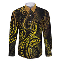 Polynesia Plumeria Lei Family Matching Short Sleeve Bodycon Dress and Hawaiian Shirt Black Gold Curves Motif LT7 Dad's Shirt - Long Sleeve Gold - Polynesian Pride