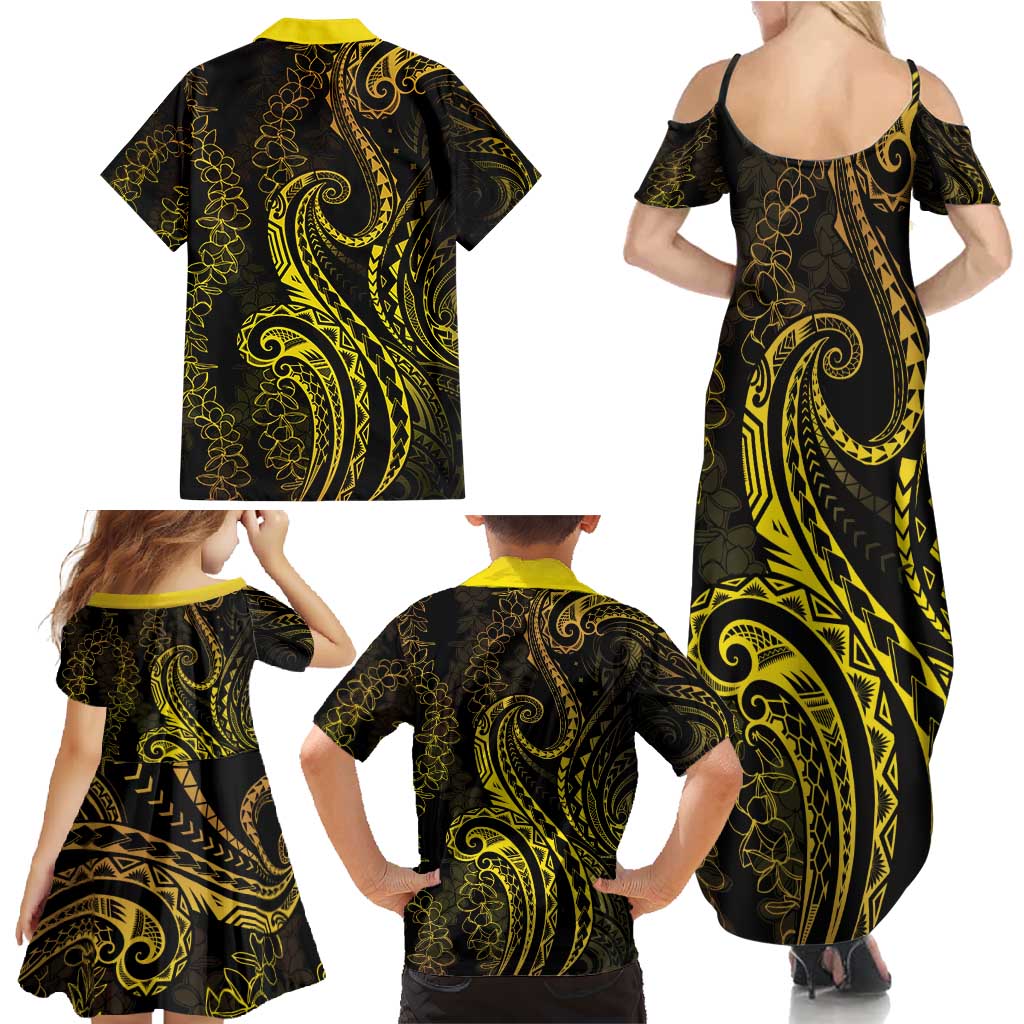 Polynesia Plumeria Lei Family Matching Summer Maxi Dress and Hawaiian Shirt Black Gold Curves Motif LT7 - Polynesian Pride