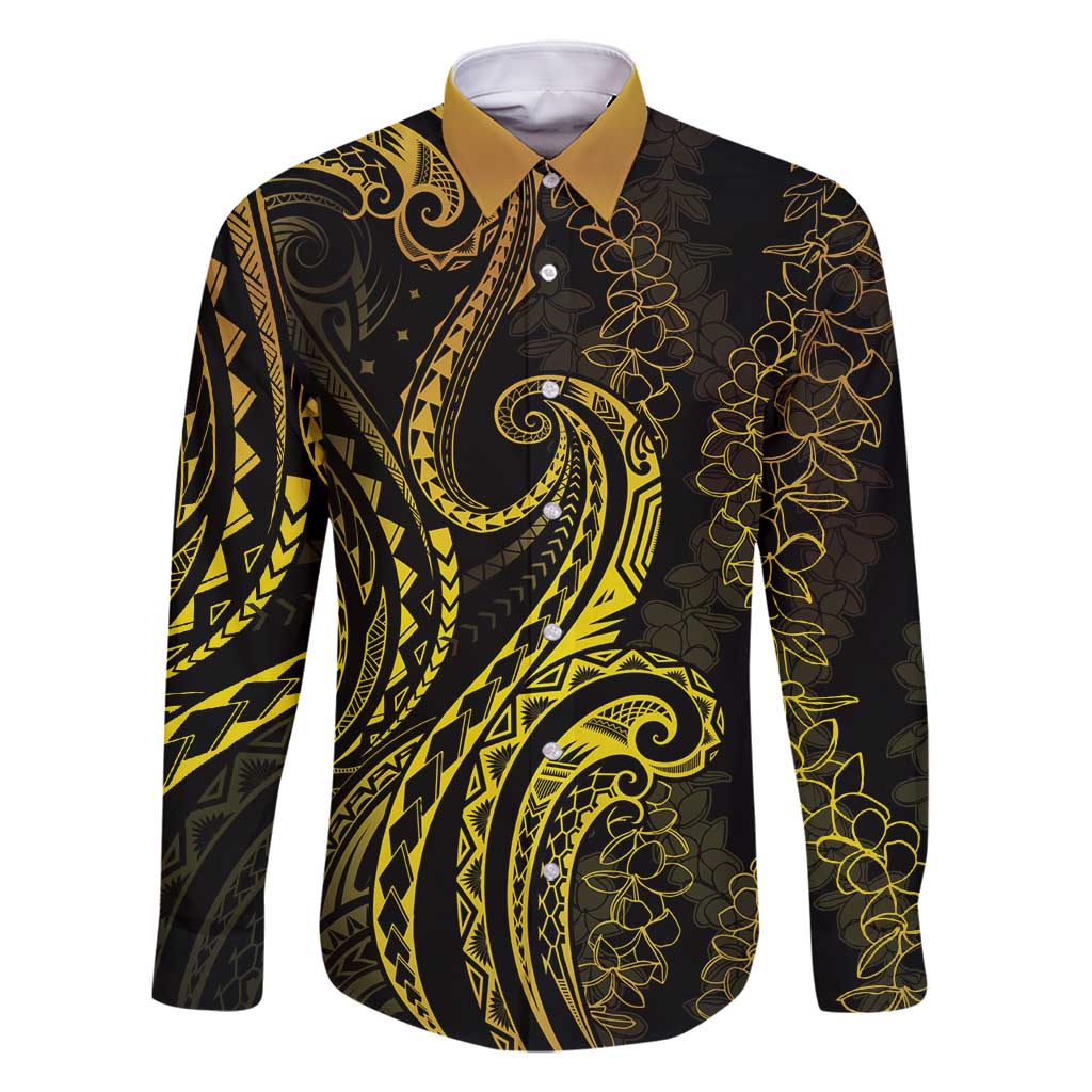 Polynesia Plumeria Lei Family Matching Summer Maxi Dress and Hawaiian Shirt Black Gold Curves Motif LT7 Dad's Shirt - Long Sleeve Gold - Polynesian Pride