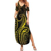 Polynesia Plumeria Lei Family Matching Summer Maxi Dress and Hawaiian Shirt Black Gold Curves Motif LT7 Mom's Dress Gold - Polynesian Pride