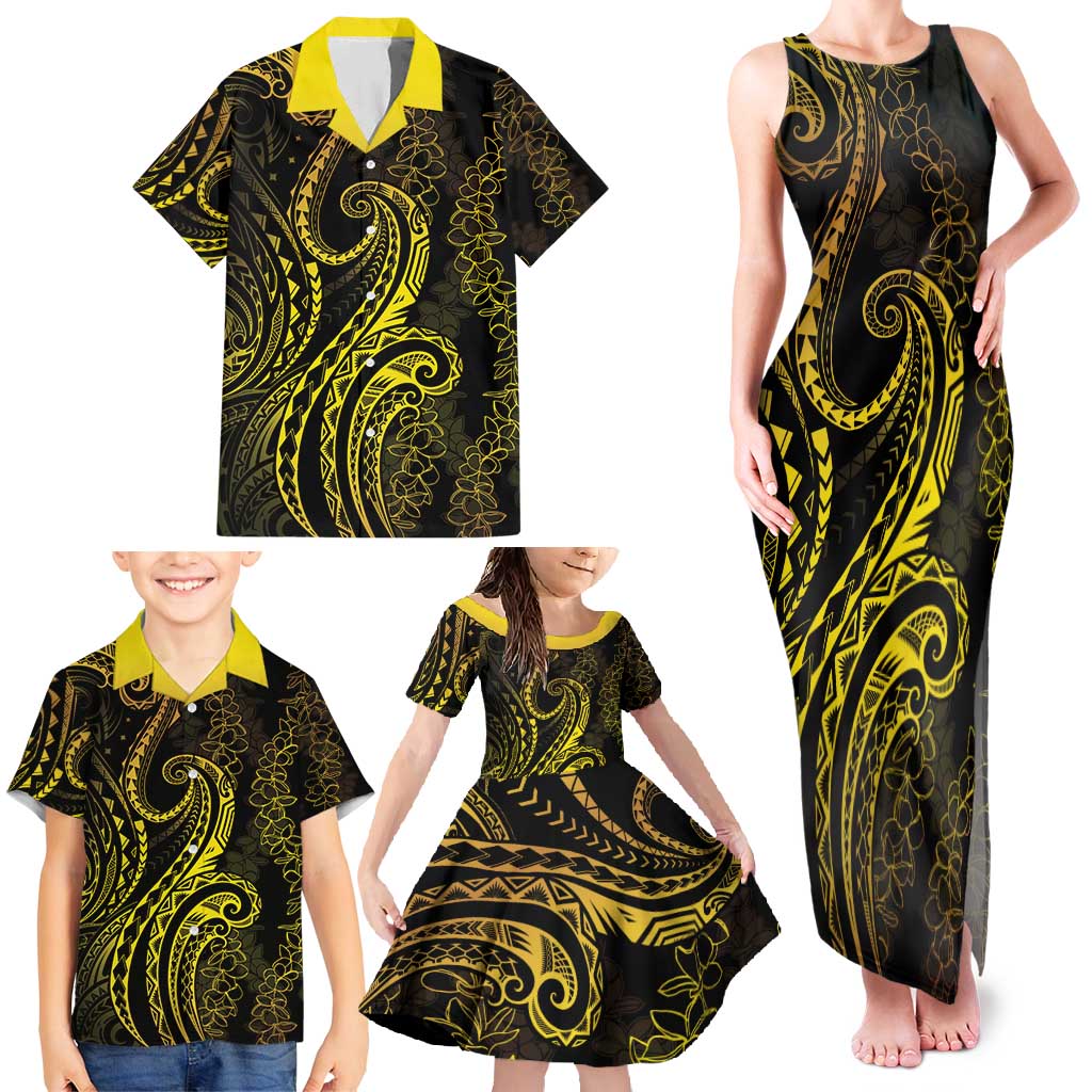 Polynesia Plumeria Lei Family Matching Tank Maxi Dress and Hawaiian Shirt Black Gold Curves Motif LT7 - Polynesian Pride