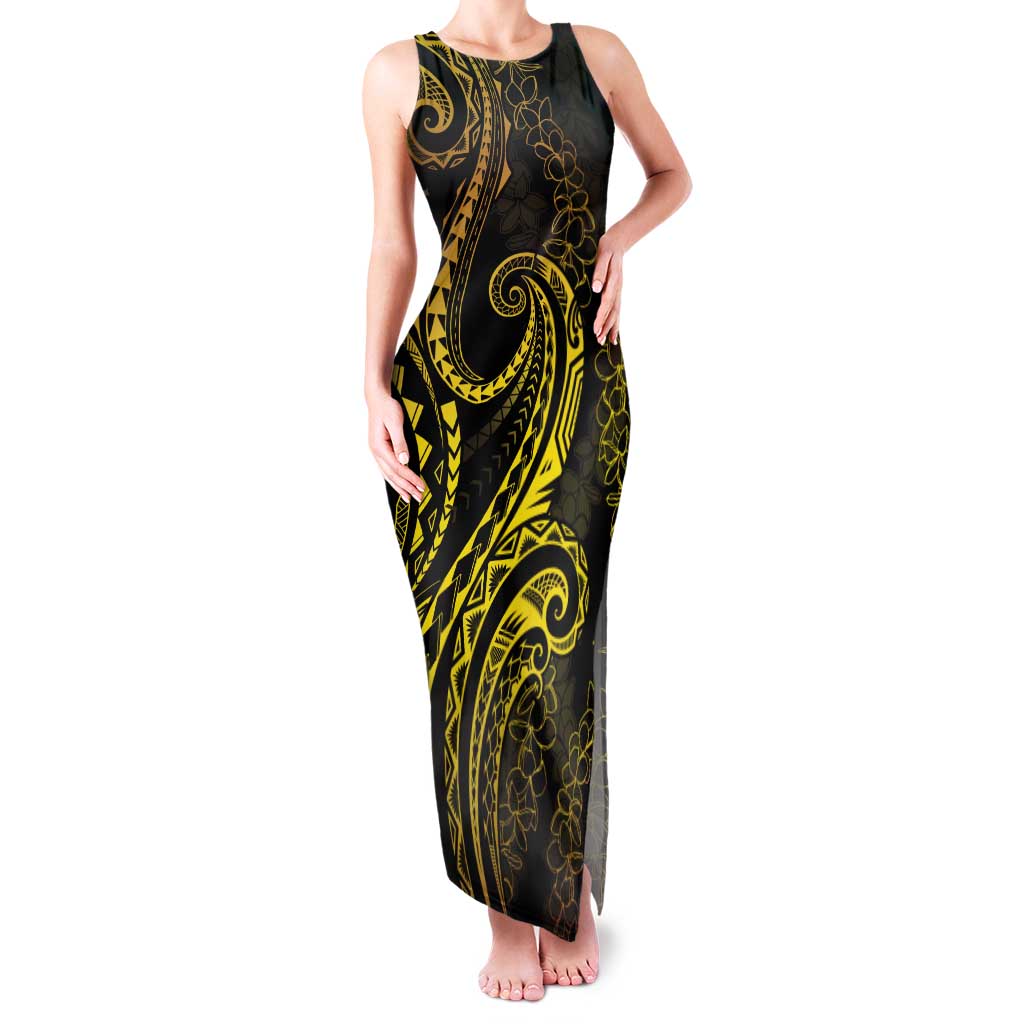 Polynesia Plumeria Lei Family Matching Tank Maxi Dress and Hawaiian Shirt Black Gold Curves Motif LT7 Mom's Dress Gold - Polynesian Pride