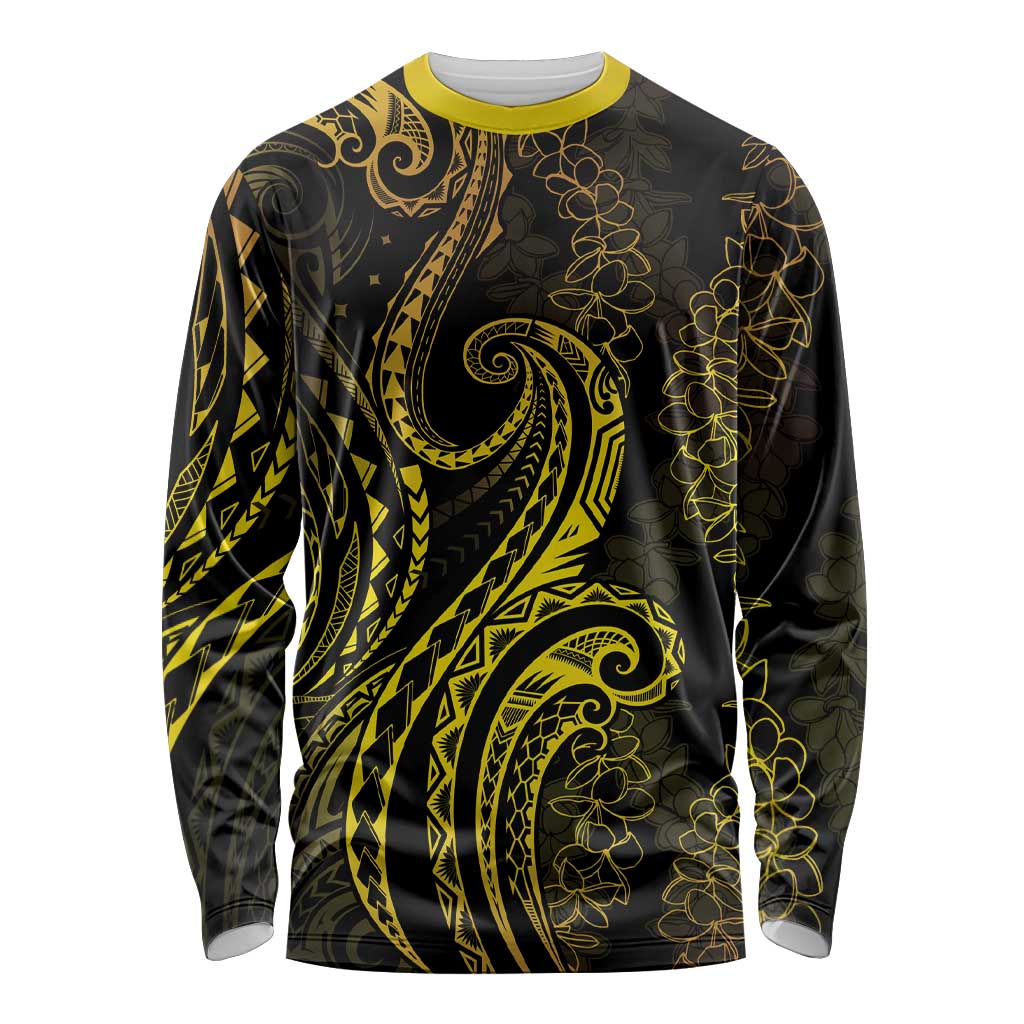 Polynesia Plumeria Lei Long Sleeve Shirt Black Gold Curves Motif