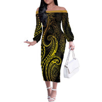 Polynesia Plumeria Lei Off The Shoulder Long Sleeve Dress Black Gold Curves Motif LT7 Women Gold - Polynesian Pride