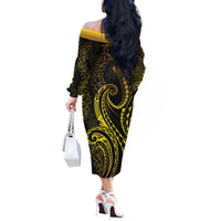 Polynesia Plumeria Lei Off The Shoulder Long Sleeve Dress Black Gold Curves Motif LT7 - Polynesian Pride