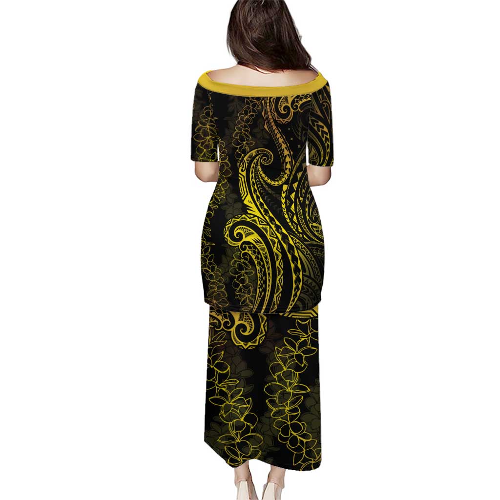 Polynesia Plumeria Lei Puletasi Black Gold Curves Motif