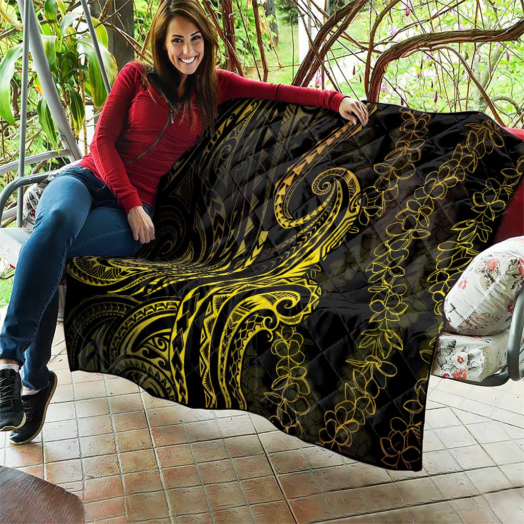 Polynesia Plumeria Lei Quilt Black Gold Curves Motif