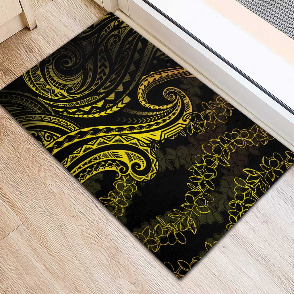 Polynesia Plumeria Lei Rubber Doormat Black Gold Curves Motif