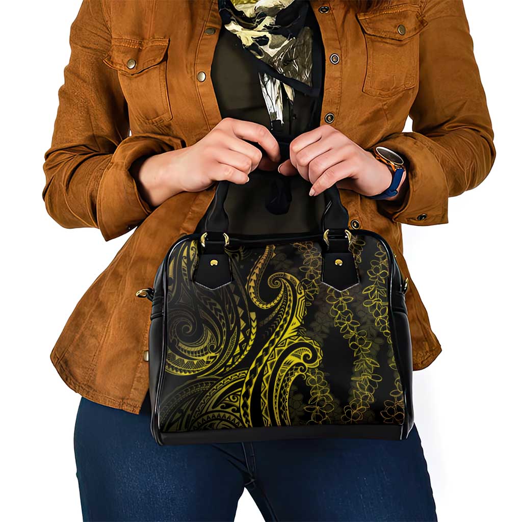 Polynesia Plumeria Lei Shoulder Handbag Black Gold Curves Motif