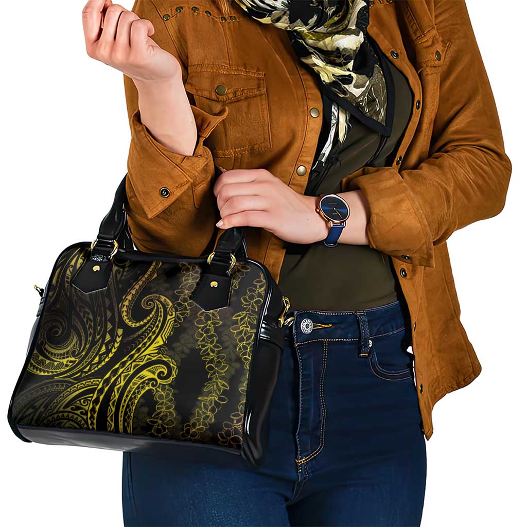Polynesia Plumeria Lei Shoulder Handbag Black Gold Curves Motif
