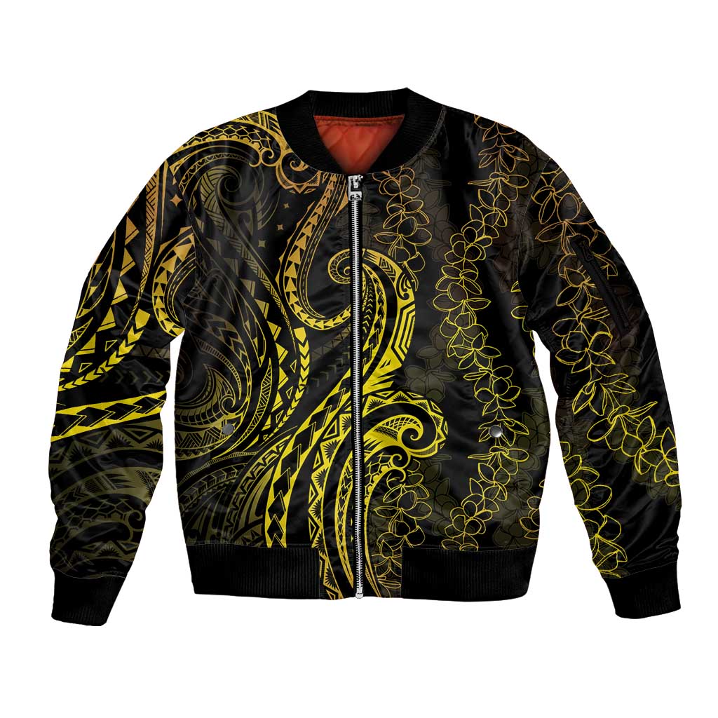 Polynesia Plumeria Lei Sleeve Zip Bomber Jacket Black Gold Curves Motif LT7 Unisex Gold - Polynesian Pride