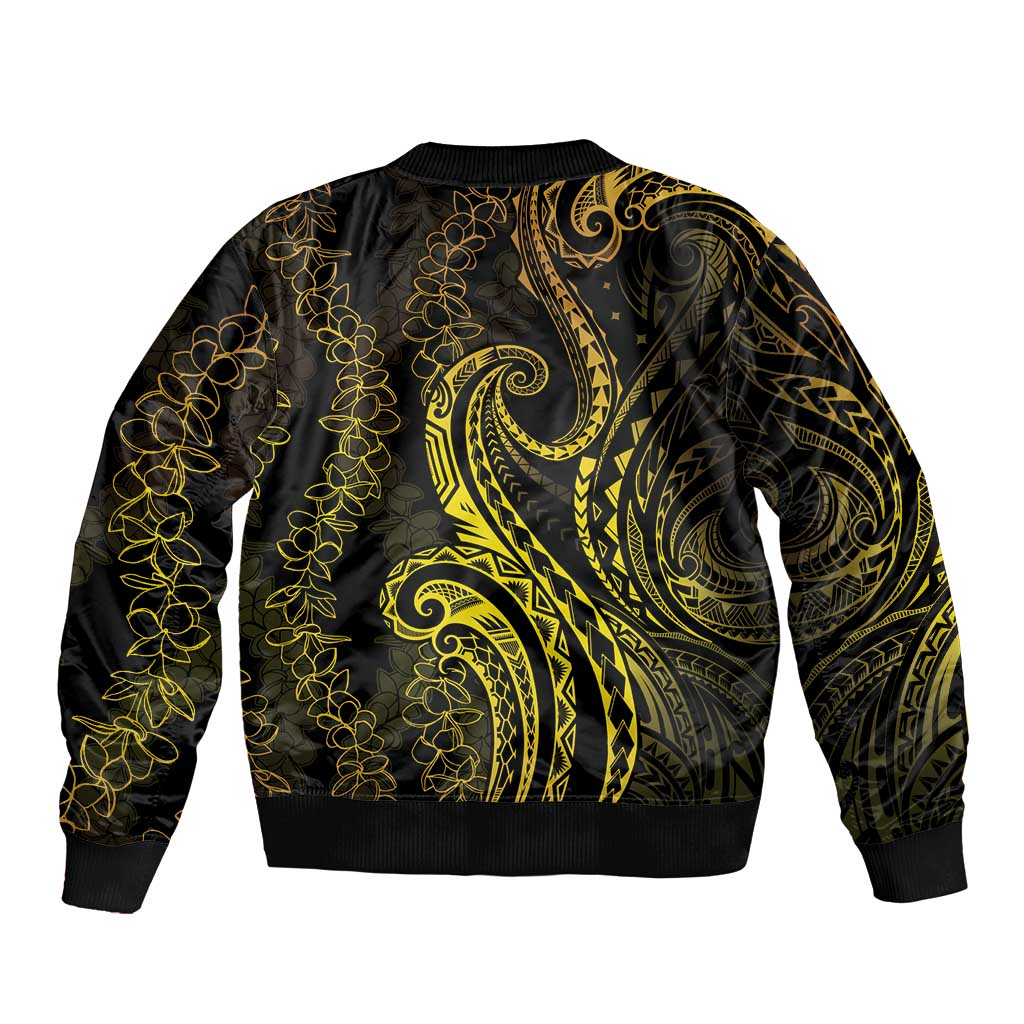 Polynesia Plumeria Lei Sleeve Zip Bomber Jacket Black Gold Curves Motif LT7 - Polynesian Pride