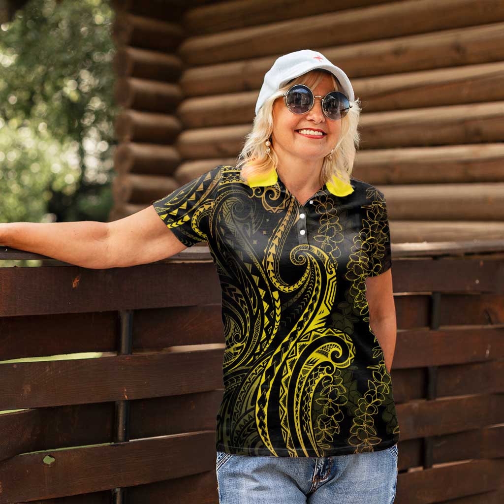 Polynesia Plumeria Lei Women Polo Shirt Black Gold Curves Motif